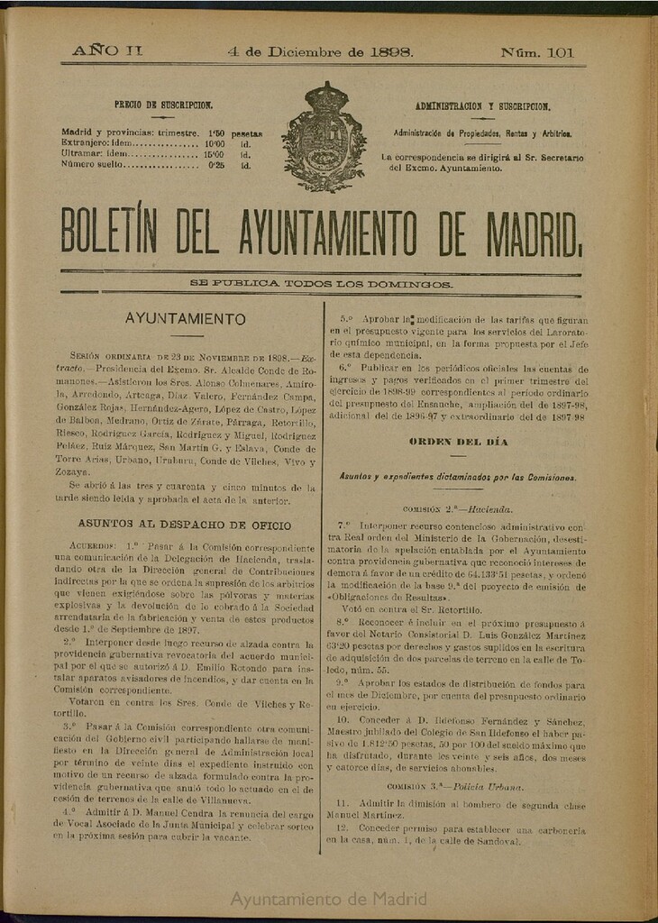 Miniatura de Boletín Oficial del Ayuntamiento de Madrid del 4 de diciembre de 1898, nº 101