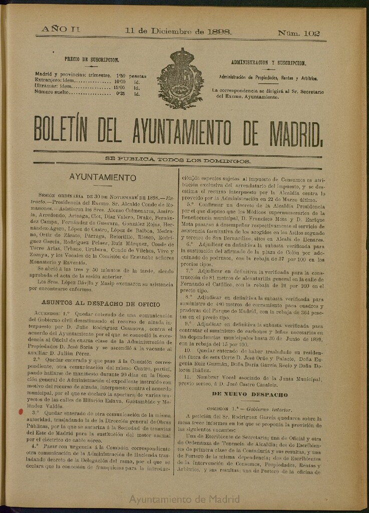 Miniatura de Boletín Oficial del Ayuntamiento de Madrid del 11 de diciembre de 1898, nº 102