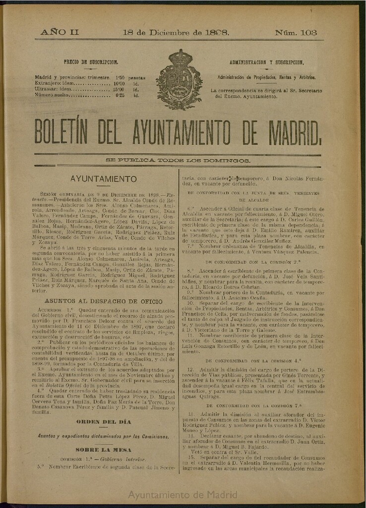 Miniatura de Boletín Oficial del Ayuntamiento de Madrid del 18 de diciembre de 1898, nº 103