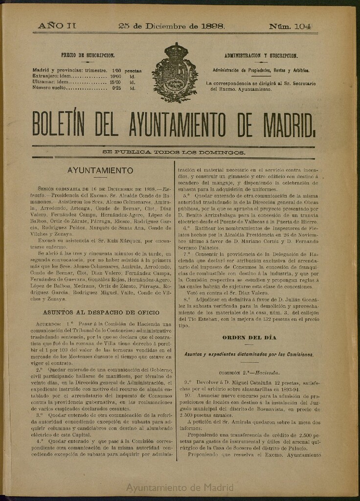 Miniatura de Boletín Oficial del Ayuntamiento de Madrid del 25 de diciembre de 1898, nº 104