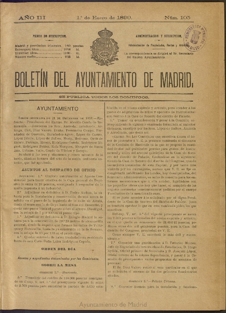 Miniatura de Boletín Oficial del Ayuntamiento de Madrid de 01 de enero de 1899, nº 105