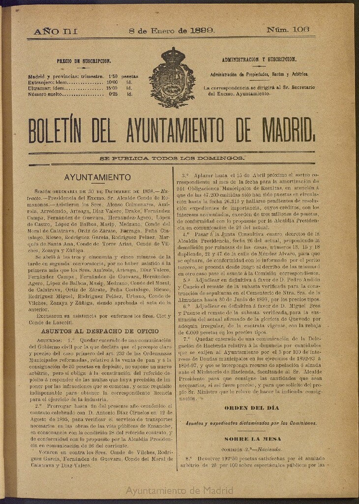 Miniatura de Boletín Oficial del Ayuntamiento de Madrid de 08 de enero de 1899, nº 106