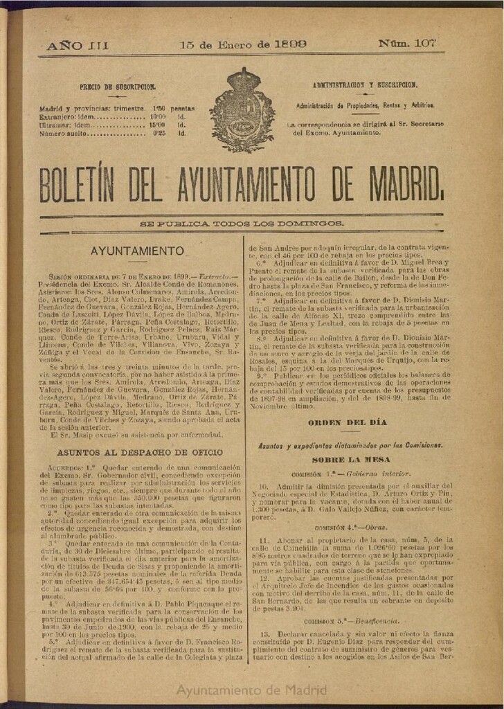 Miniatura de Boletín Oficial del Ayuntamiento de Madrid de 15 de enero de 1899, nº 107