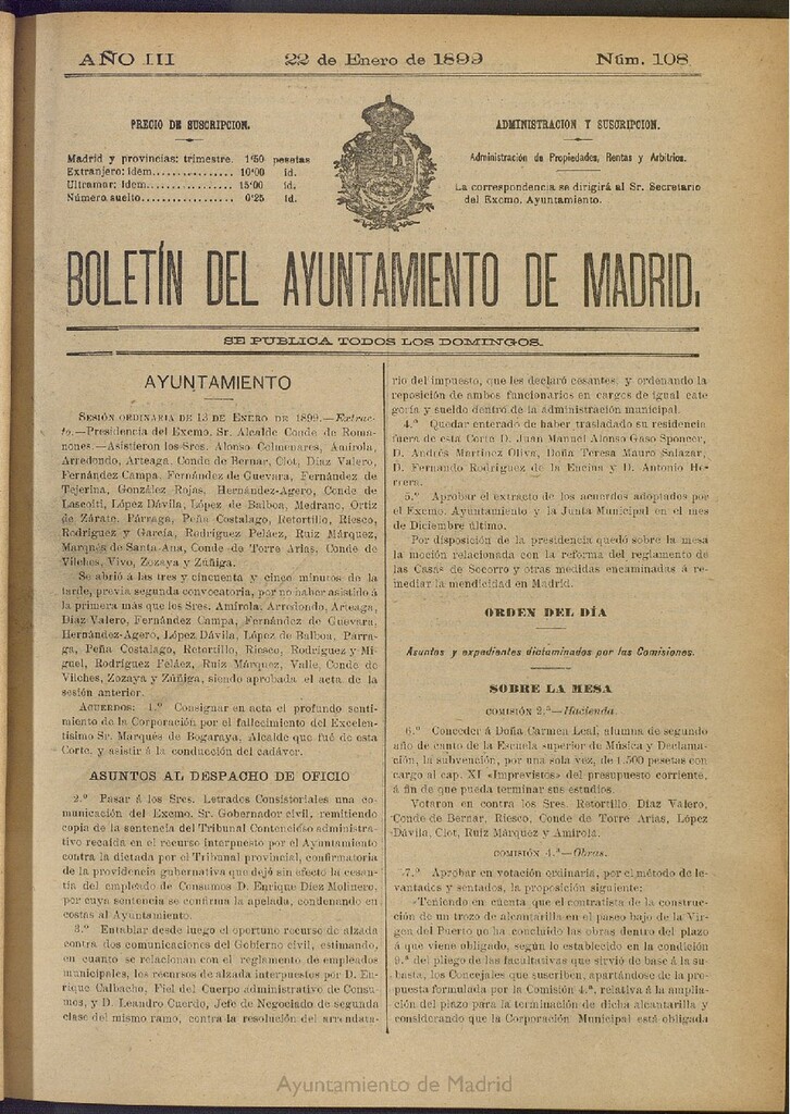 Miniatura de Boletín Oficial del Ayuntamiento de Madrid de 22 de enero de 1899, nº 108