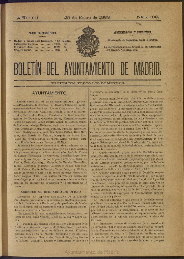 Miniatura de Boletín Oficial del Ayuntamiento de Madrid de 29 de enero de 1899, nº 109