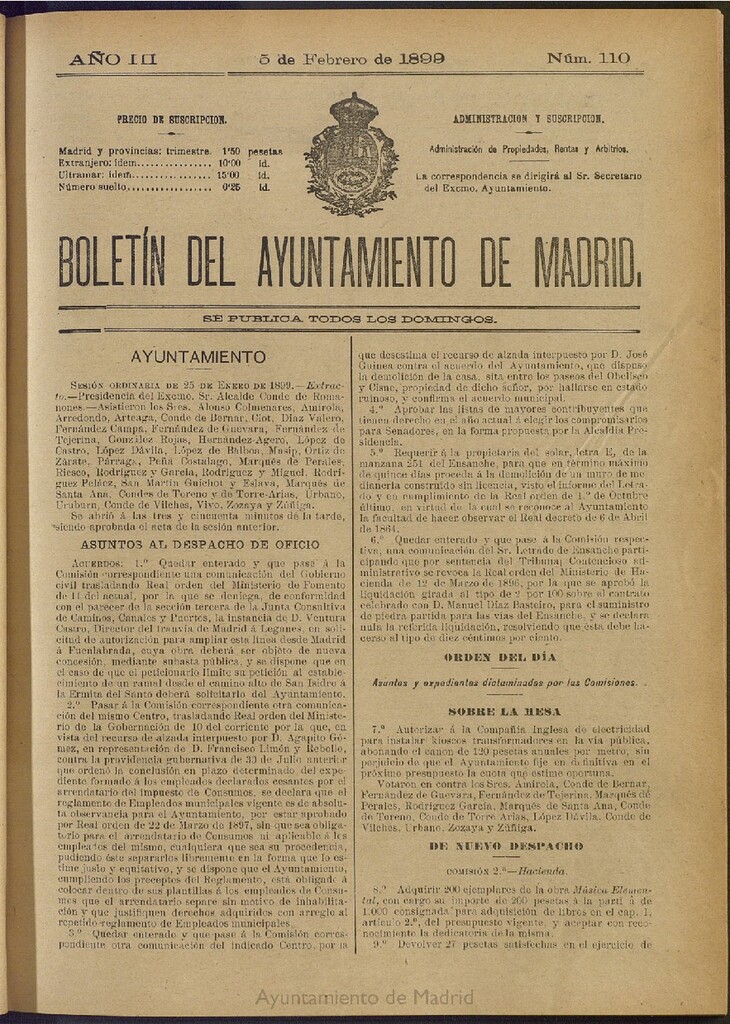 Miniatura de Boletín Oficial del Ayuntamiento de Madrid de 05 de febrero de 1899, nº 110