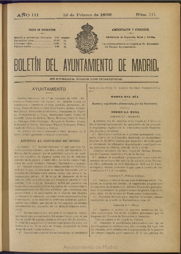 Miniatura de Boletín Oficial del Ayuntamiento de Madrid de 12 de febrero de 1899, nº 111