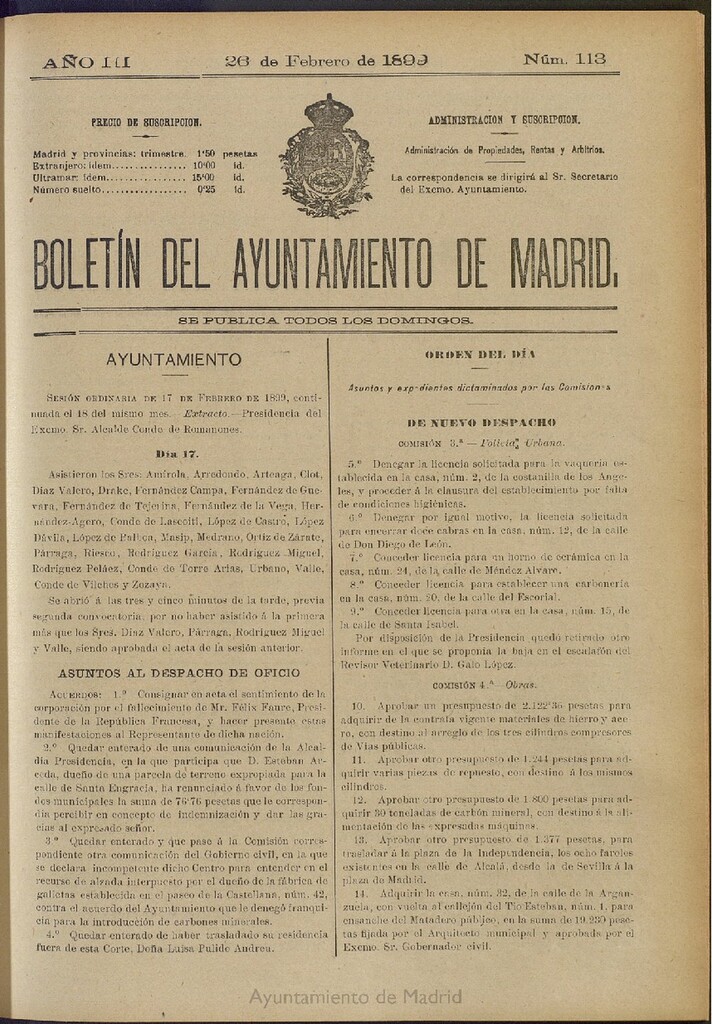 Miniatura de Boletín Oficial del Ayuntamiento de Madrid de 26 de febrero de 1899, nº 113