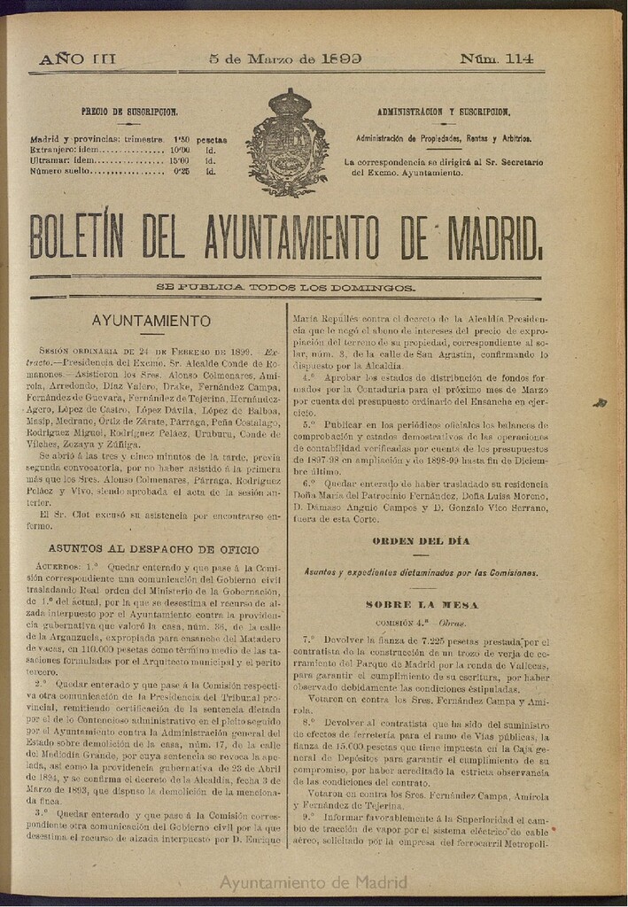 Miniatura de Boletín Oficial del Ayuntamiento de Madrid de 05 de marzo de 1899, nº 114