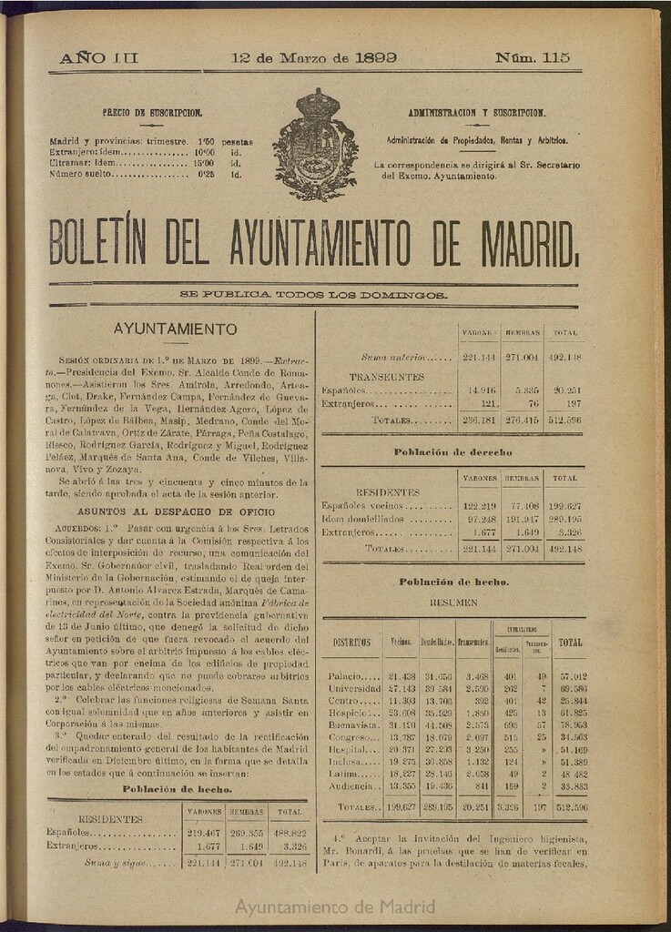 Miniatura de Boletín Oficial del Ayuntamiento de Madrid de 12 de marzo de 1899, nº 115