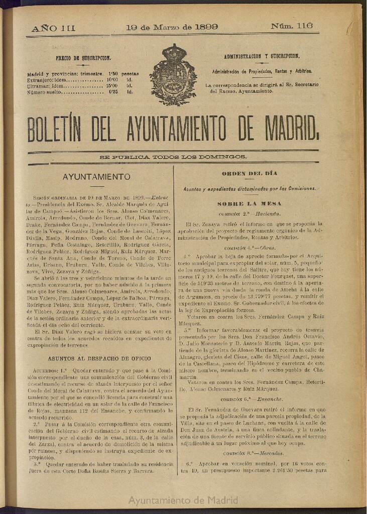 Miniatura de Boletín Oficial del Ayuntamiento de Madrid de 19 de marzo de 1899, nº 116