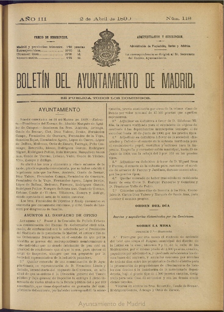 Miniatura de Boletín Oficial del Ayuntamiento de Madrid de 02 de abril de 1899, nº 118