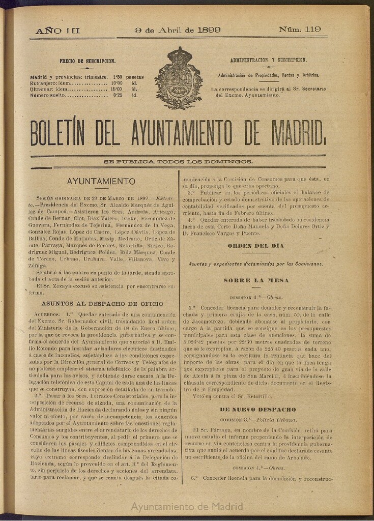 Miniatura de Boletín Oficial del Ayuntamiento de Madrid de 09 de abril de 1899, nº 119
