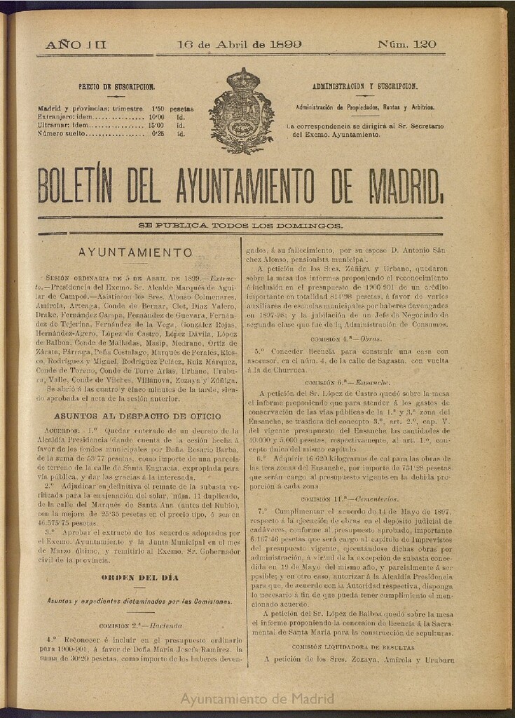 Miniatura de Boletín Oficial del Ayuntamiento de Madrid de 16 de abril de 1899, nº 120