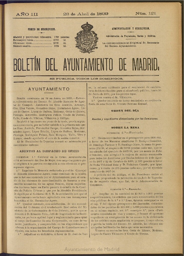 Miniatura de Boletín Oficial del Ayuntamiento de Madrid de 23 de abril de 1899, nº 121