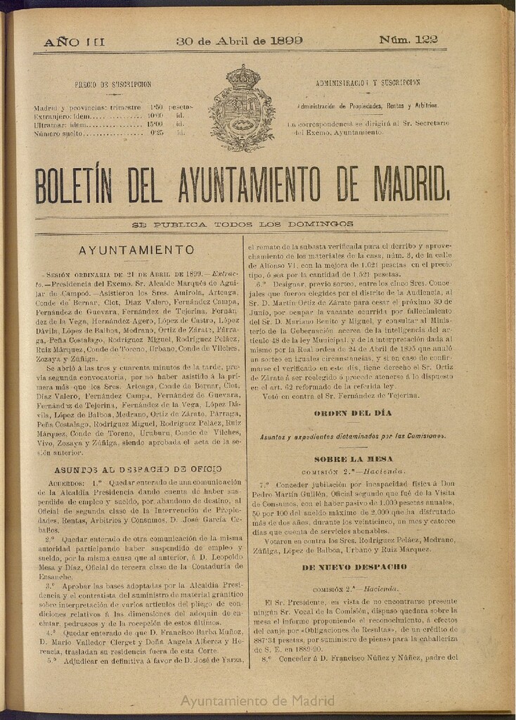 Miniatura de Boletín Oficial del Ayuntamiento de Madrid de 30 de abril de 1899, nº 122