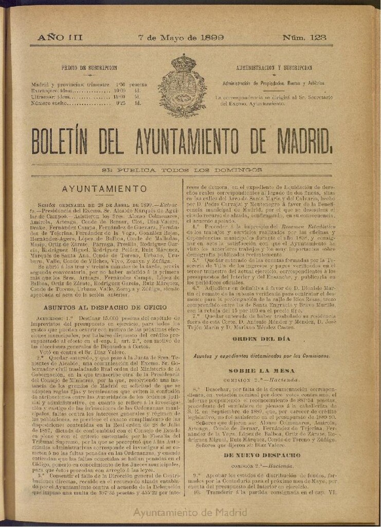 Miniatura de Boletín Oficial del Ayuntamiento de Madrid de 07 de mayo de 1899, nº 123