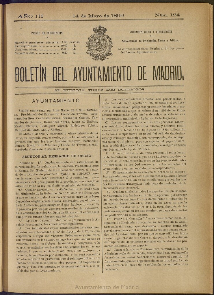 Miniatura de Boletín Oficial del Ayuntamiento de Madrid de 14 de mayo de 1899, nº 124