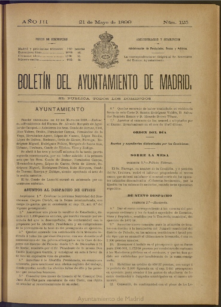 Miniatura de Boletín Oficial del Ayuntamiento de Madrid de 21 de mayo de 1899, nº 125