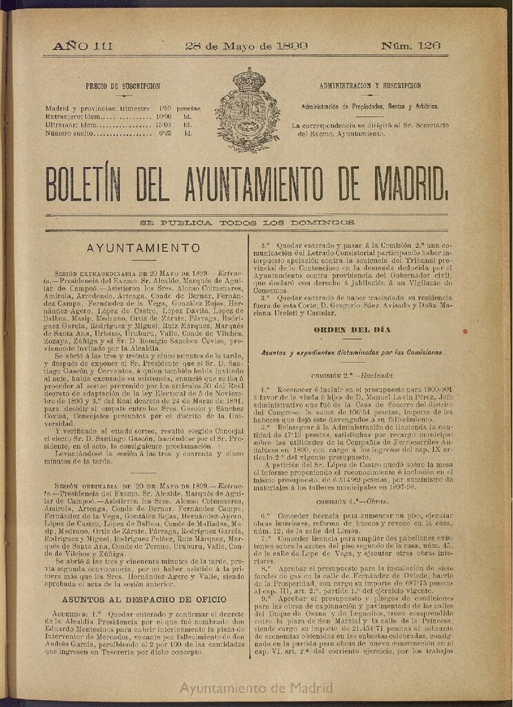 Miniatura de Boletín Oficial del Ayuntamiento de Madrid de 28 de mayo de 1899, nº 126