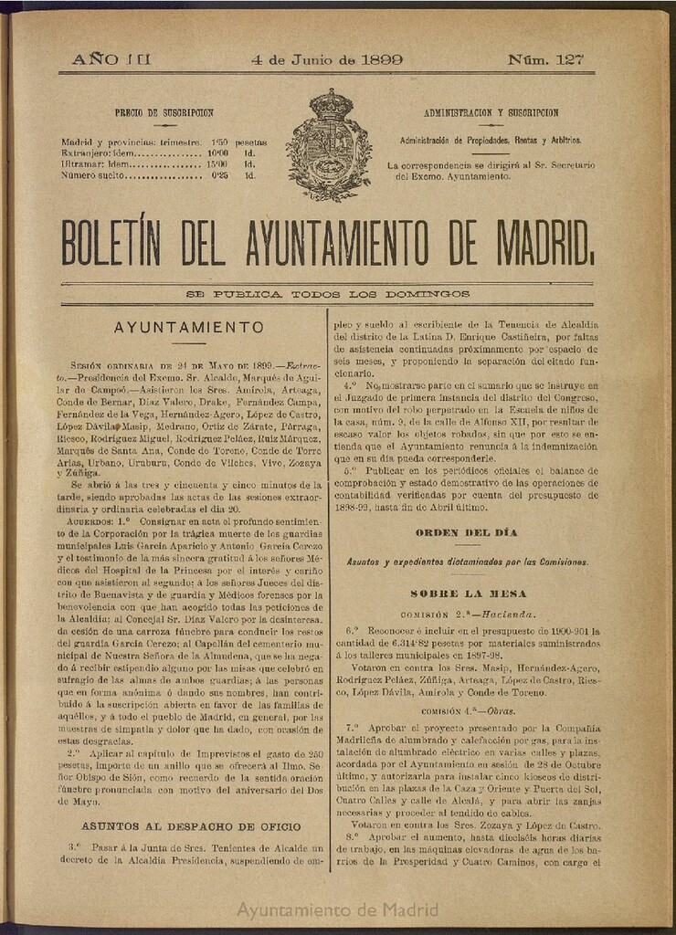 Miniatura de Boletín Oficial del Ayuntamiento de Madrid de 04 de junio de 1899, nº 127