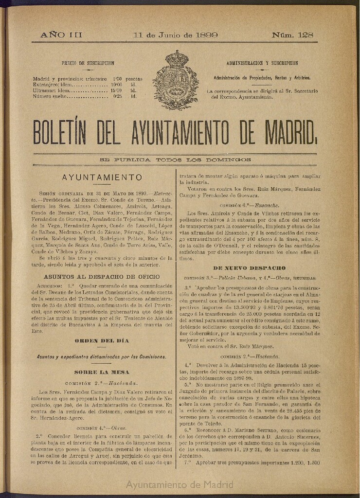 Miniatura de Boletín Oficial del Ayuntamiento de Madrid de 11 de junio de 1899, nº 128