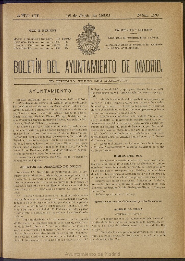 Miniatura de Boletín Oficial del Ayuntamiento de Madrid de 18 de junio de 1899, nº 129