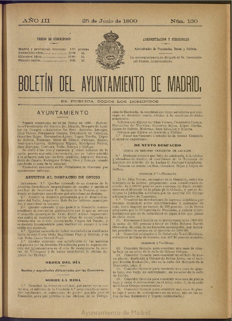 Miniatura de Boletín Oficial del Ayuntamiento de Madrid de 25 de junio de 1899, nº 130