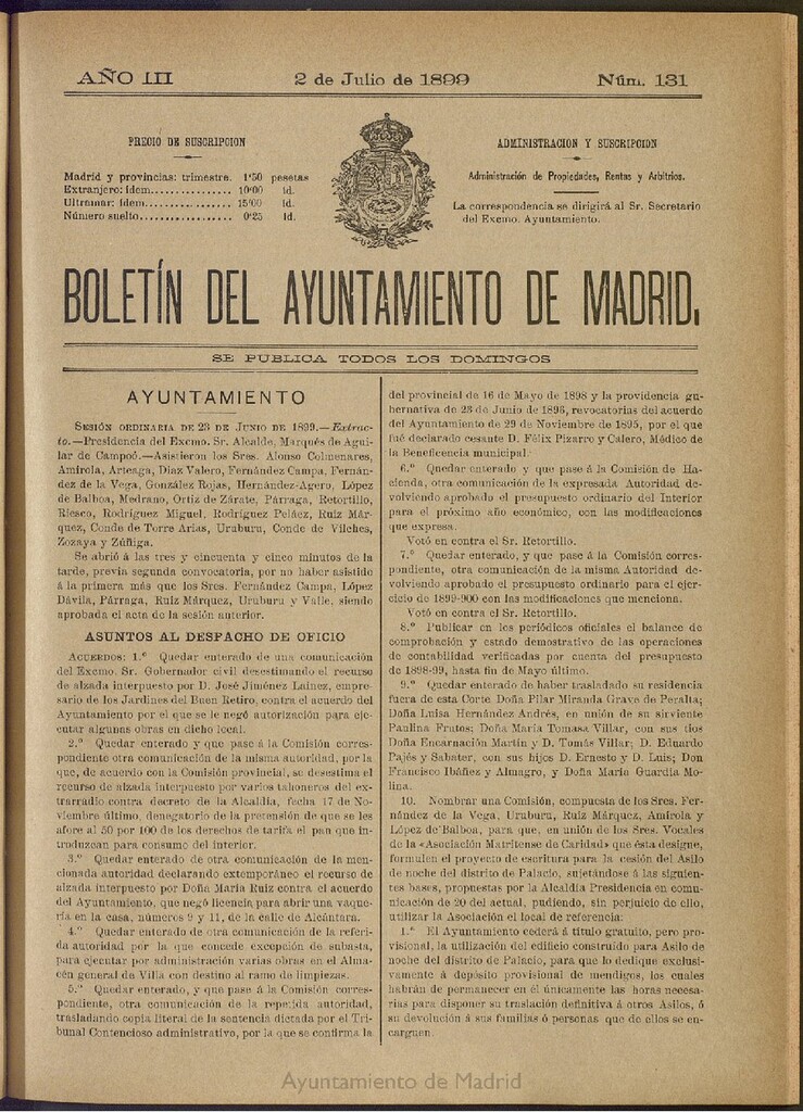 Miniatura de Boletín Oficial del Ayuntamiento de Madrid de 02 de julio de 1899, nº 131
