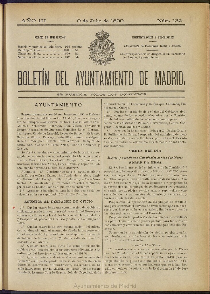 Miniatura de Boletín Oficial del Ayuntamiento de Madrid de 09 de julio de 1899, nº 132