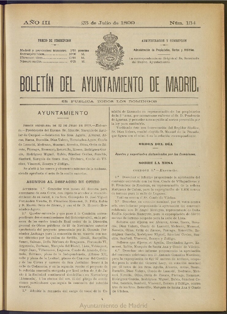 Miniatura de Boletín Oficial del Ayuntamiento de Madrid de 23 de julio de 1899, nº 134