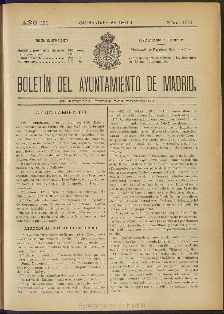 Miniatura de Boletín Oficial del Ayuntamiento de Madrid de 30 de julio de 1899, nº 135