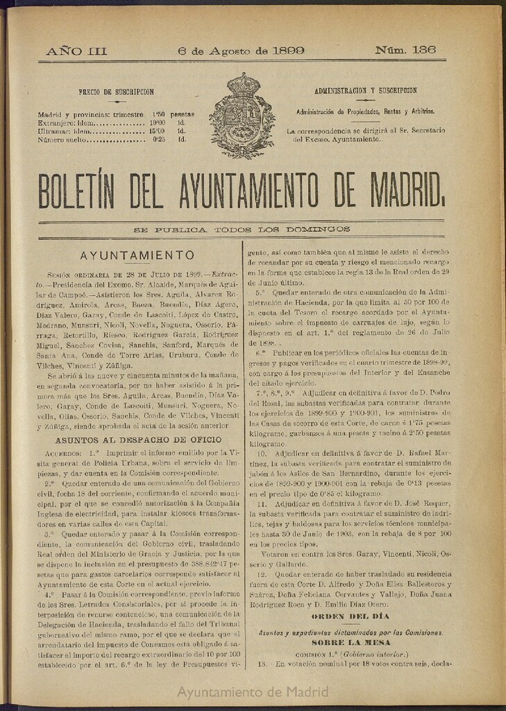 Miniatura de Boletín Oficial del Ayuntamiento de Madrid de 06 de agosto de 1899, nº 136