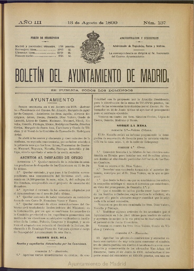 Miniatura de Boletín Oficial del Ayuntamiento de Madrid de 13 de agosto de 1899, nº 137