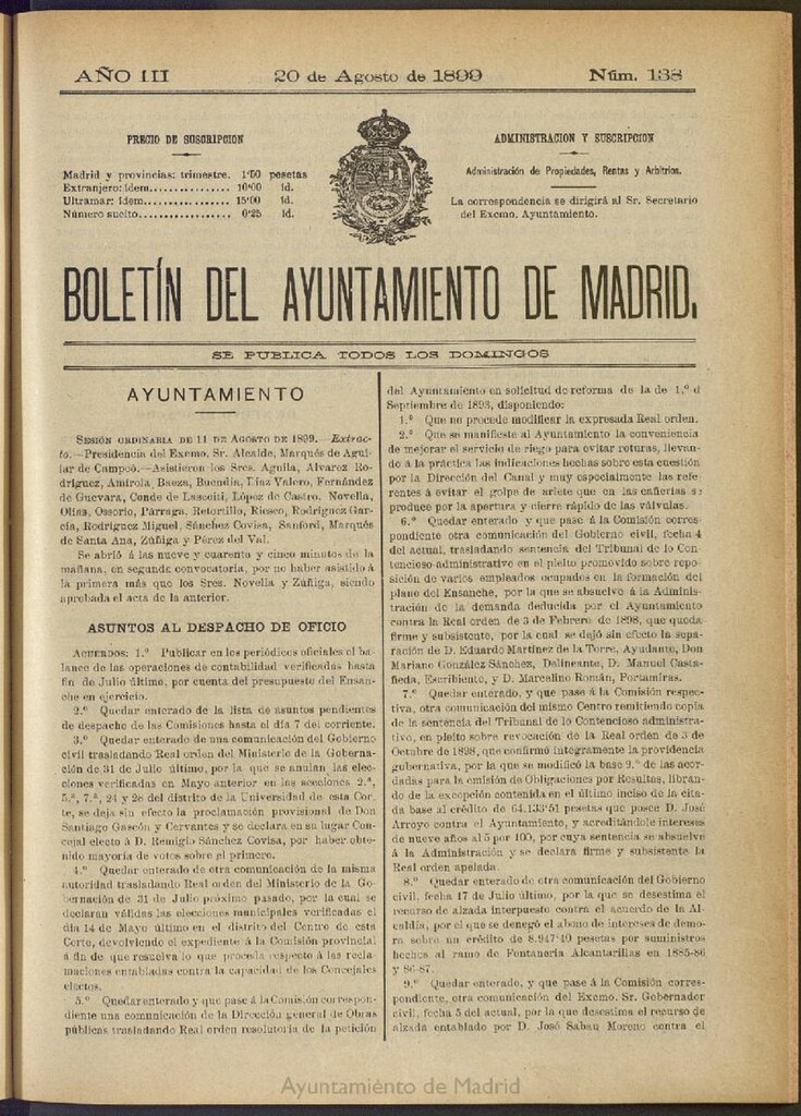 Miniatura de Boletín Oficial del Ayuntamiento de Madrid de 20 de agosto de 1899, nº 138