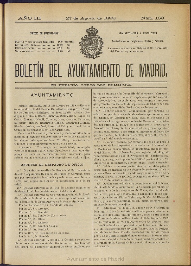 Miniatura de Boletín Oficial del Ayuntamiento de Madrid de 27 de agosto de 1899, nº 139