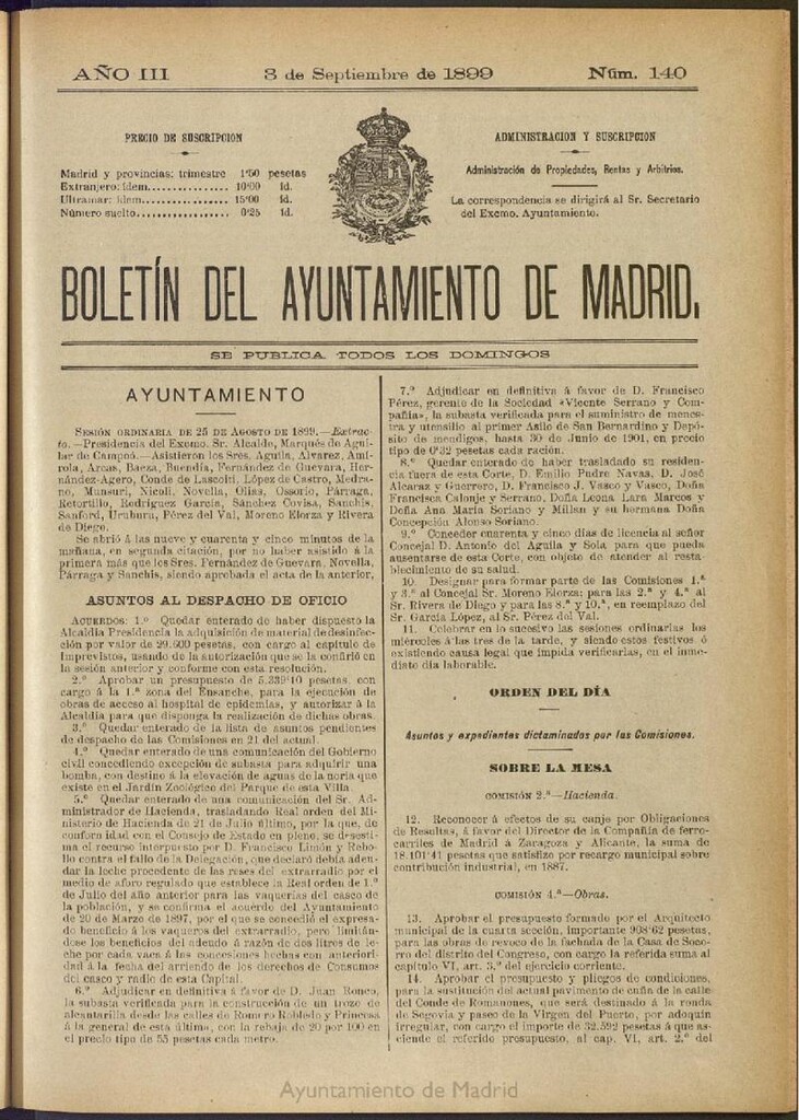 Miniatura de Boletín Oficial del Ayuntamiento de Madrid de 03 de septiembre de 1899, nº 140