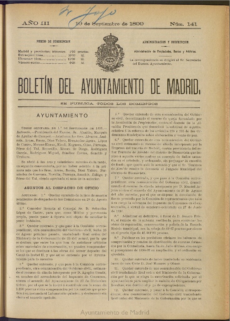 Miniatura de Boletín Oficial del Ayuntamiento de Madrid de 10 de septiembre de 1899, nº 141