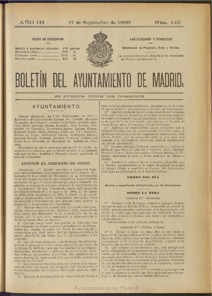 Miniatura de Boletín Oficial del Ayuntamiento de Madrid de 17 de septiembre de 1899, nº 142