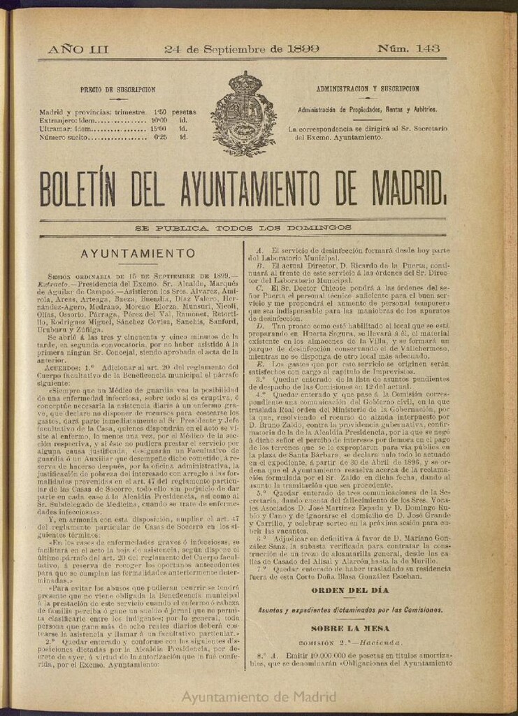 Miniatura de Boletín Oficial del Ayuntamiento de Madrid de 24 de septiembre de 1899, nº 143