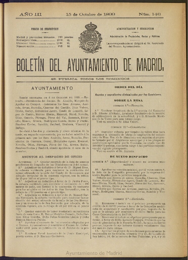Miniatura de Boletín Oficial del Ayuntamiento de Madrid de 15 de octubre de 1899, nº 146