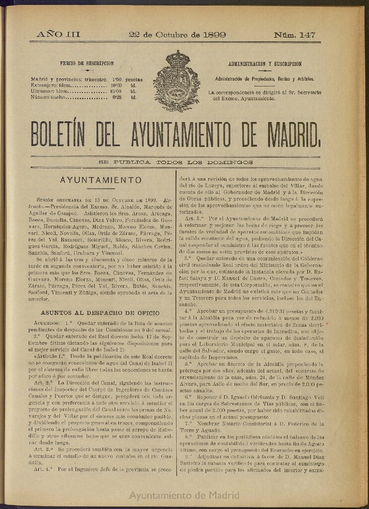 Miniatura de Boletín Oficial del Ayuntamiento de Madrid de 22 de octubre de 1899, nº 147