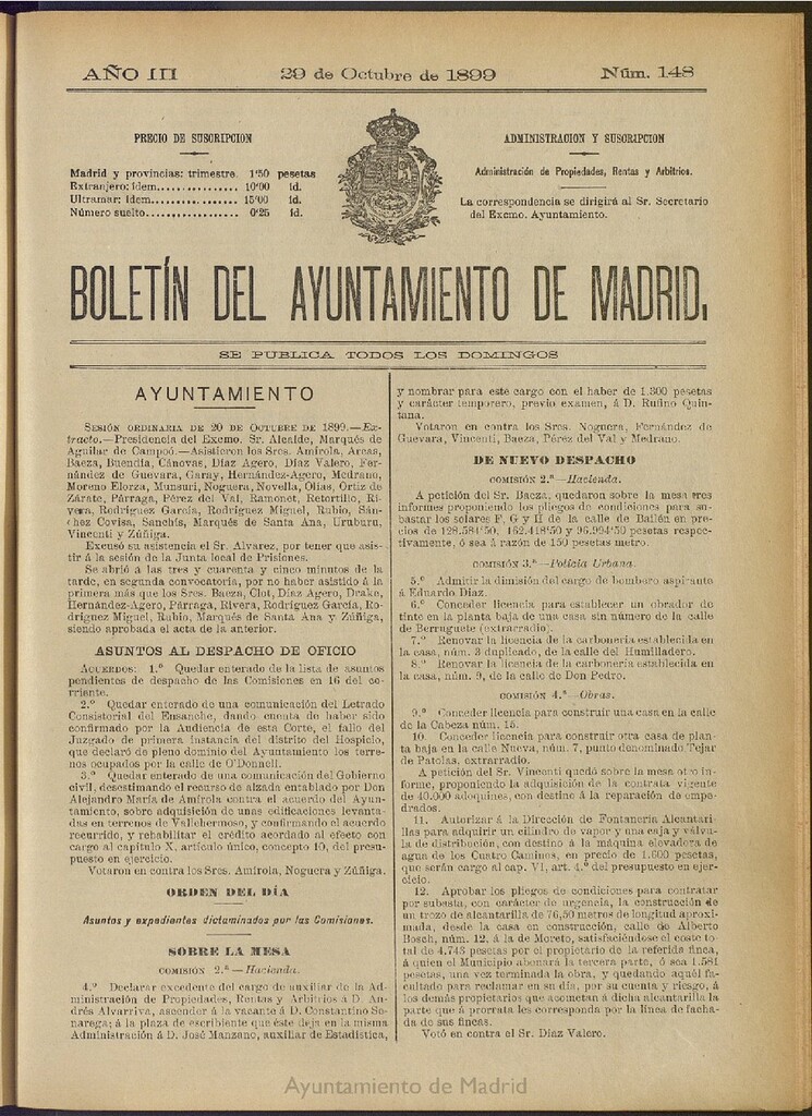 Miniatura de Boletín Oficial del Ayuntamiento de Madrid de 29 de octubre de 1899, nº 148