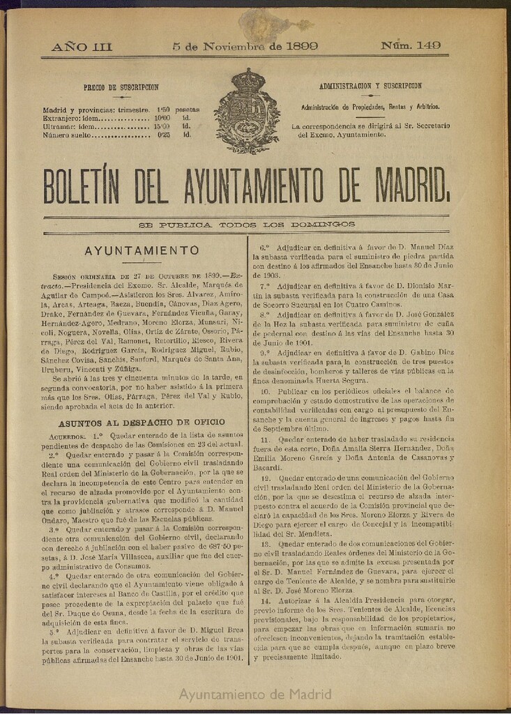 Miniatura de Boletín Oficial del Ayuntamiento de Madrid de 05 de noviembre de 1899, nº 149
