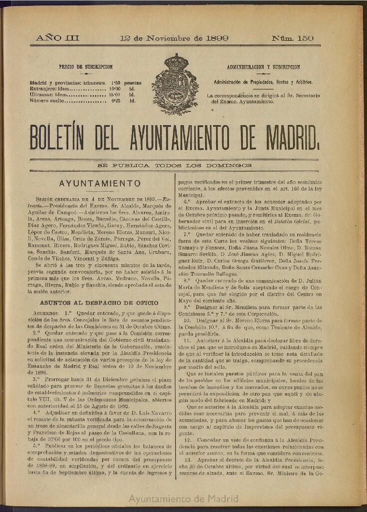 Miniatura de Boletín Oficial del Ayuntamiento de Madrid de 12 de noviembre de 1899, nº 150