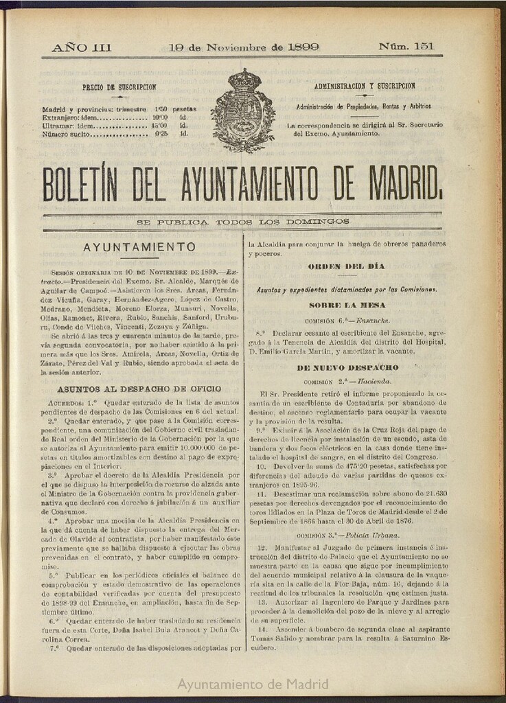 Miniatura de Boletín Oficial del Ayuntamiento de Madrid de 19 de noviembre de 1899, nº 151
