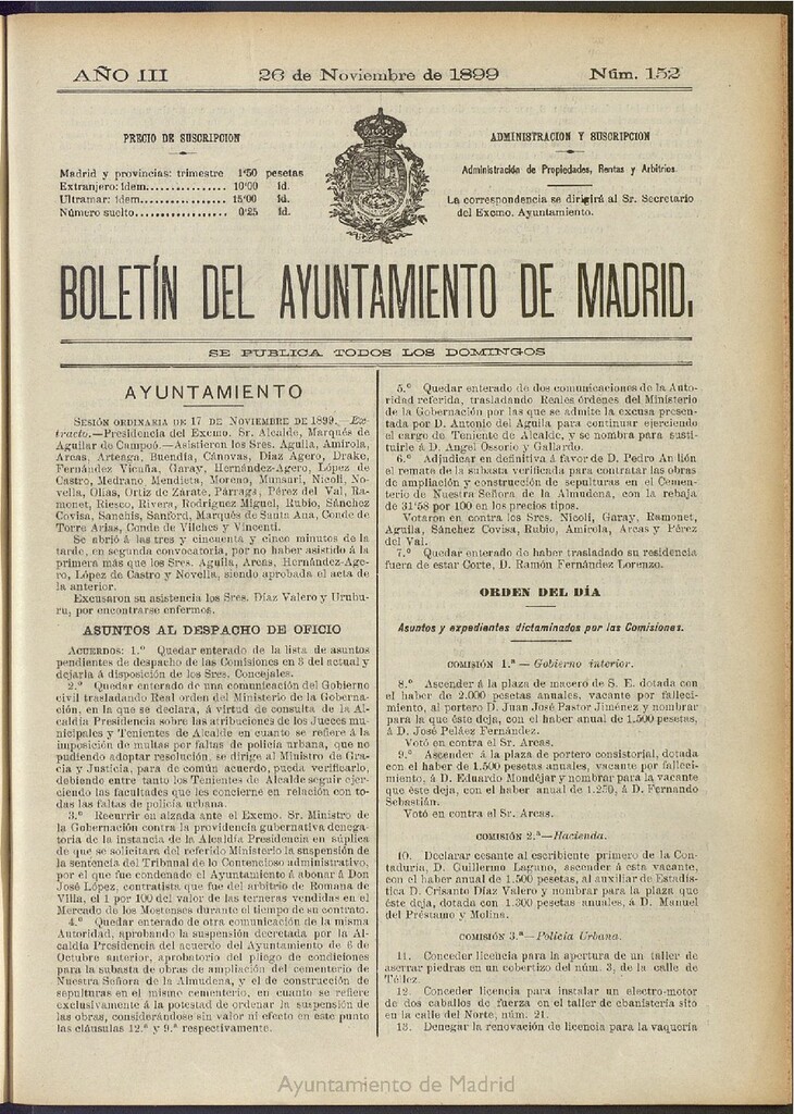 Miniatura de Boletín Oficial del Ayuntamiento de Madrid de 26 de noviembre de 1899, nº 152