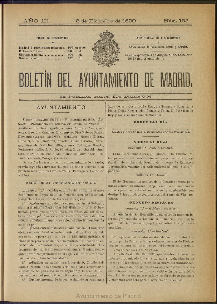 Miniatura de Boletín Oficial del Ayuntamiento de Madrid de 03 de diciembre de 1899, nº 153