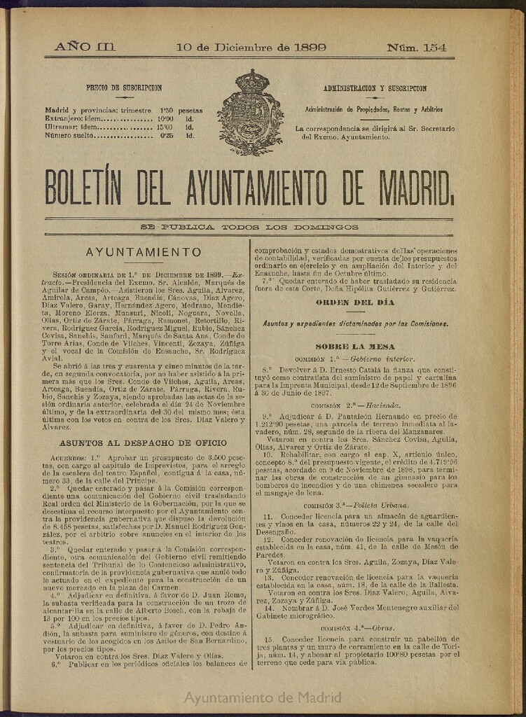 Miniatura de Boletín Oficial del Ayuntamiento de Madrid de 10 de diciembre de 1899, nº 154