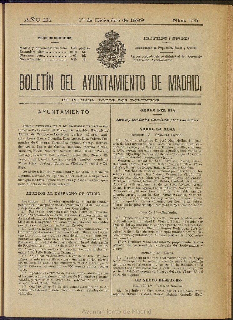 Miniatura de Boletín Oficial del Ayuntamiento de Madrid de 17 de diciembre de 1899, nº 155